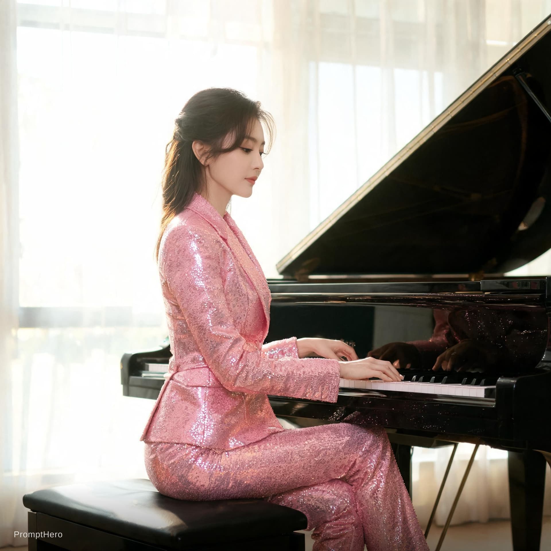 AI generated: She sits on a sleek, black piano bench, her body turned slightly to the side, showcasing the dramati...