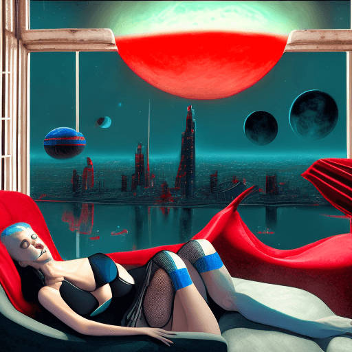 AI generated: Photo of a ultra realistic blue alien king with his 5 beautiful large breasted slave women in black ...