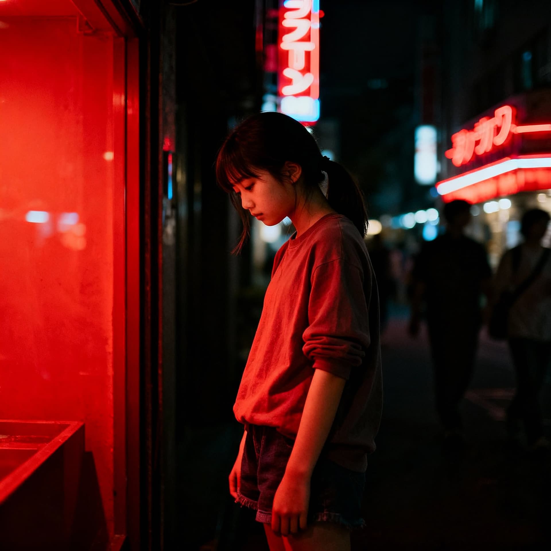 AI generated: A girl ar a red light area