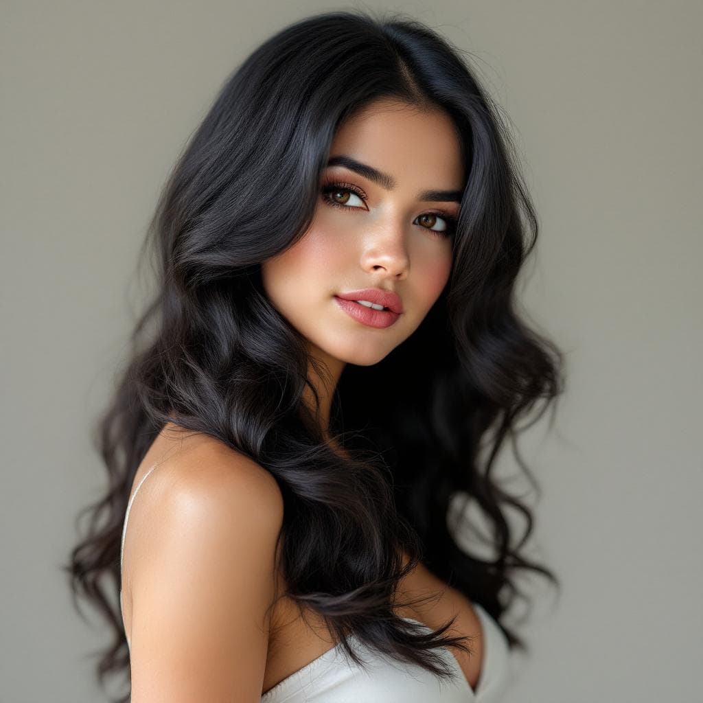 AI generated: 40 yr old lady from the philippines with wavey shiny black hair. she has beautiful brown eyes stunni...