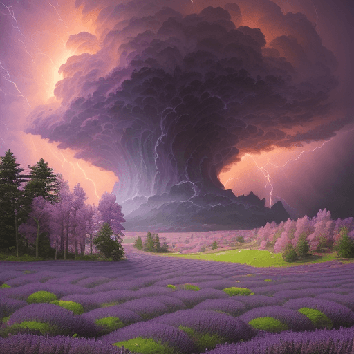 AI generated: 
landscape in Brittany, surrounded by purple lavender, pink ocean, sun, foggy, massive storm clouds,...
