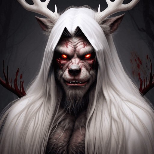 AI generated: Hyper realistic Huge werewolf with long white hair. It has large antlers at the top of its head. It'...