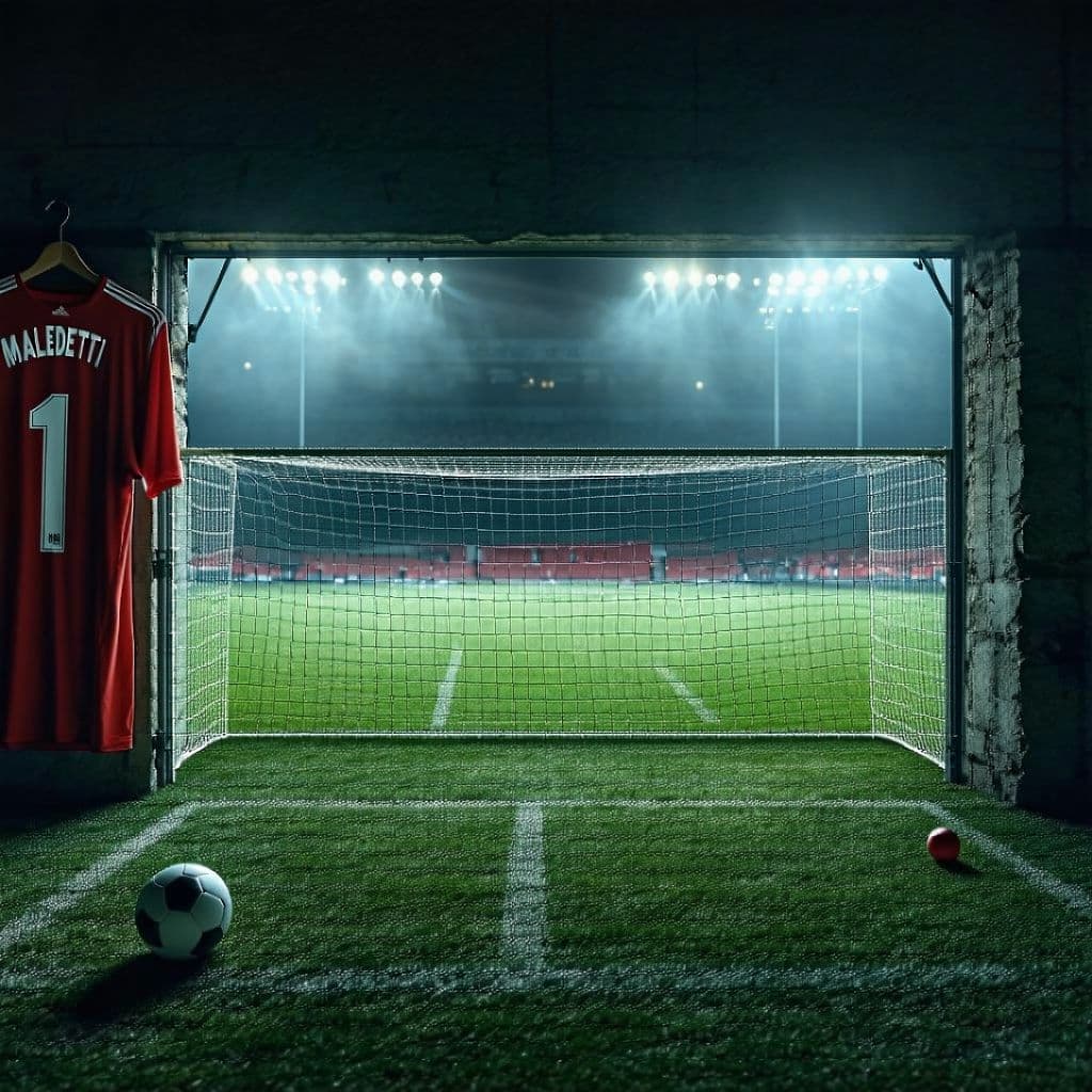 AI generated: Ambientazione: un campo di calcio.
Appeso alla traversa della porta vi è il portiere con indosso la ...