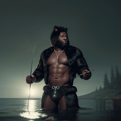 AI generated: black man dressed in wolf fur and cow skin finds meteorite while fishing, the green glow cast on the...