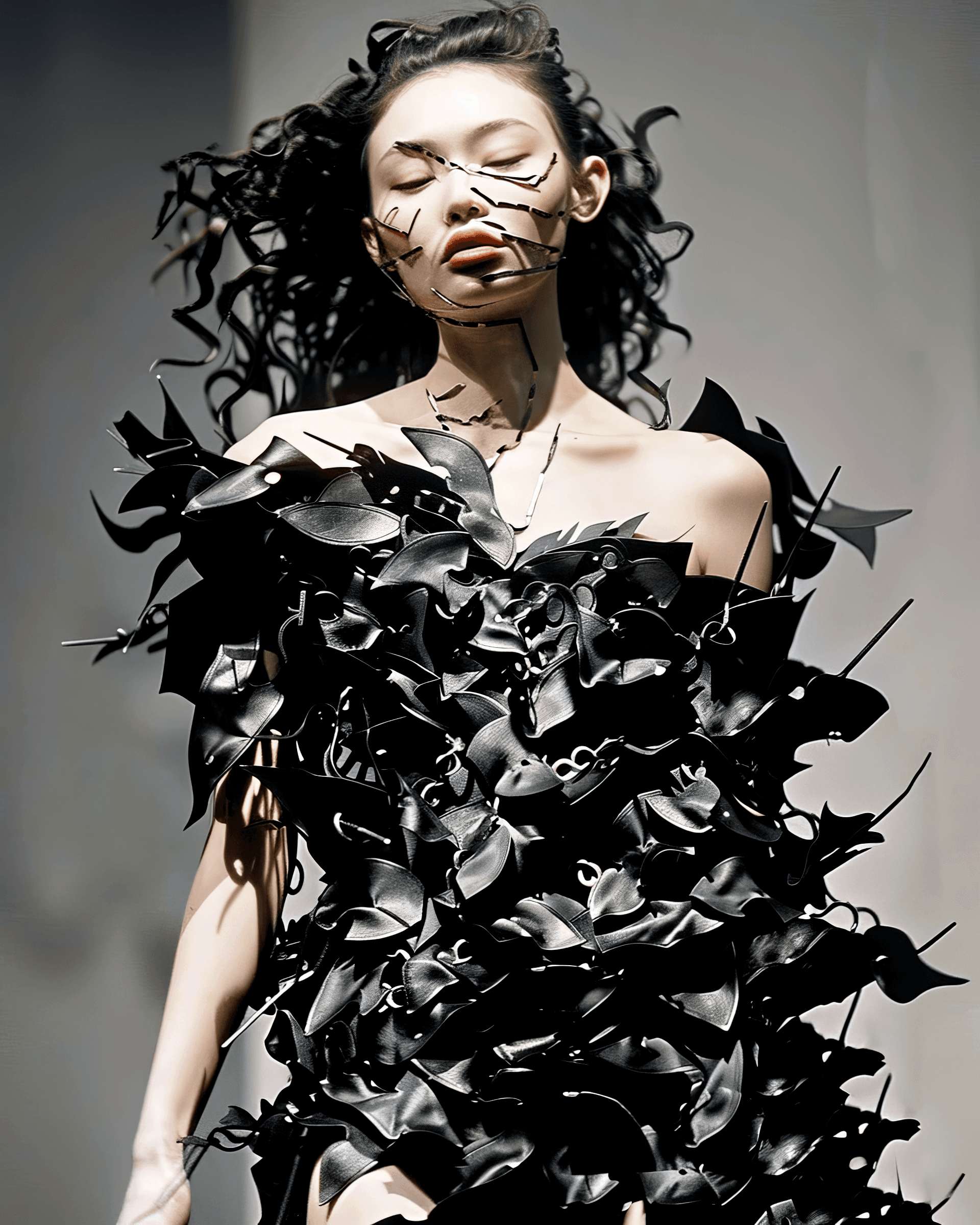 AI generated: Close up on a Caucasian model wearing an outfit made of silver and black chains, the face is covered...