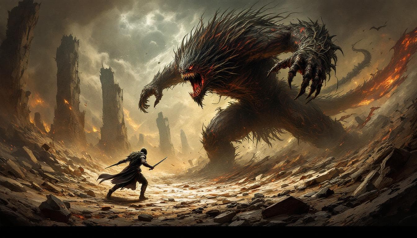 AI generated: This image depicts a dramatic battle between a lone warrior and a monster amidst a shattered, desola...