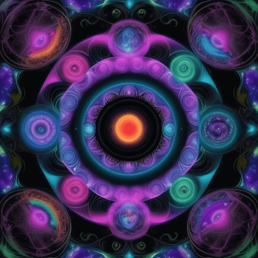 AI generated: Black light poster with heliocentric theme, cosmic spirals in vibrant colors, forest with glowing fl...