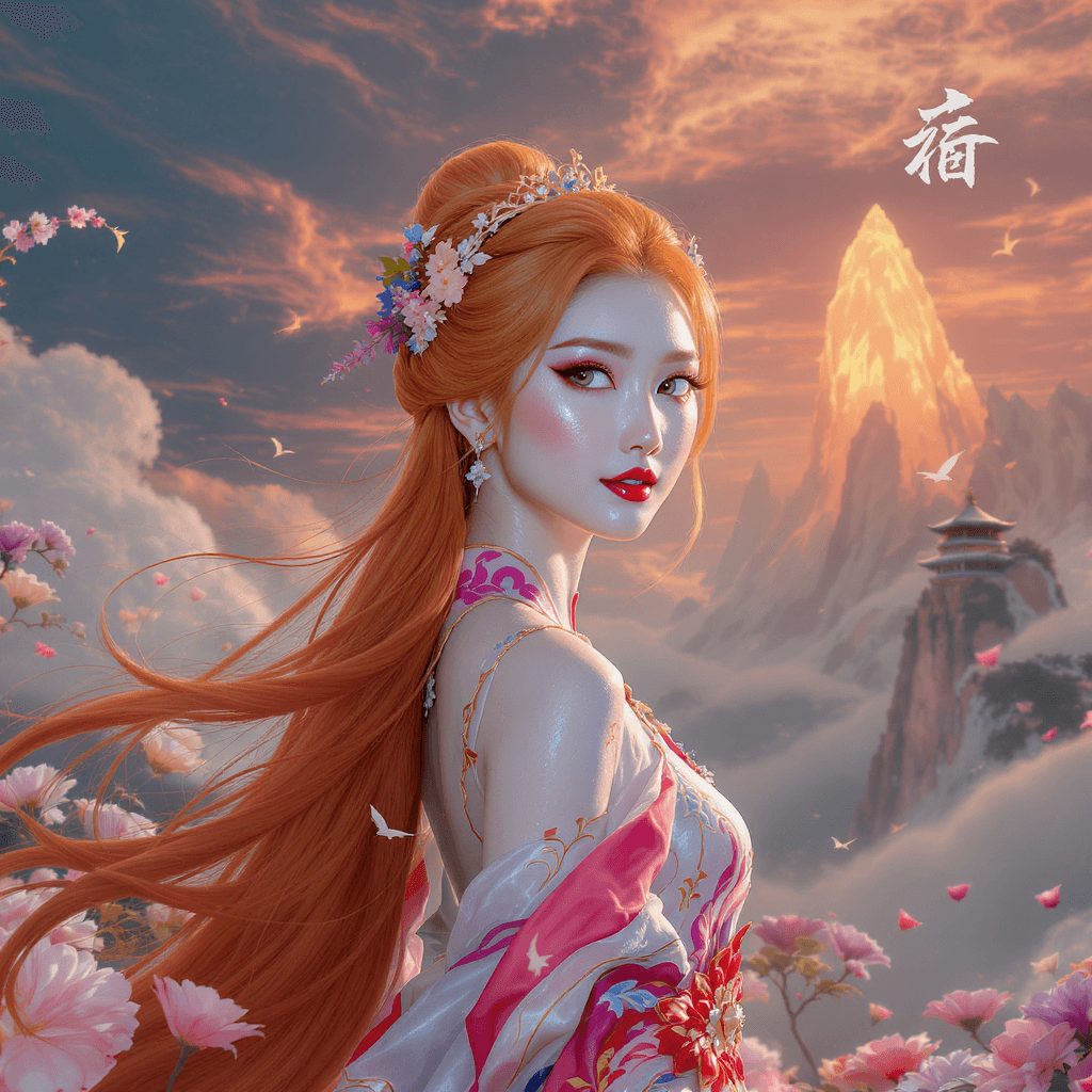 AI generated: A beautiful Chinese woman with mesmerising bright grey eyes and long, sleek orange hair cascading gr...
