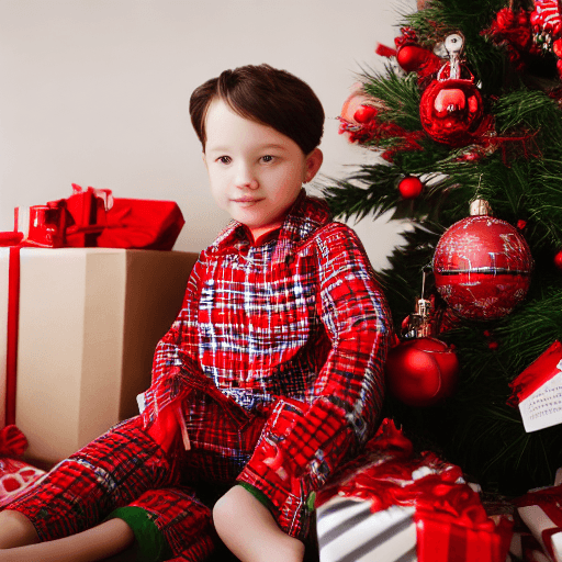 AI generated: portrait of a child in red-green checkered pajamas, in an apartment on the background of a Christmas...