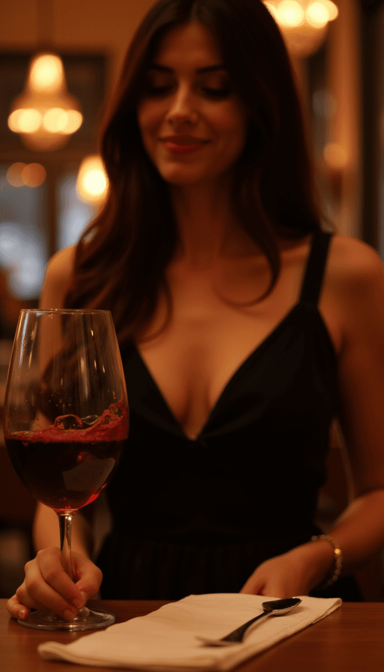 AI generated: close up of a full glass of wine sitting on a table in a restaurant, a woman in the background weari...
