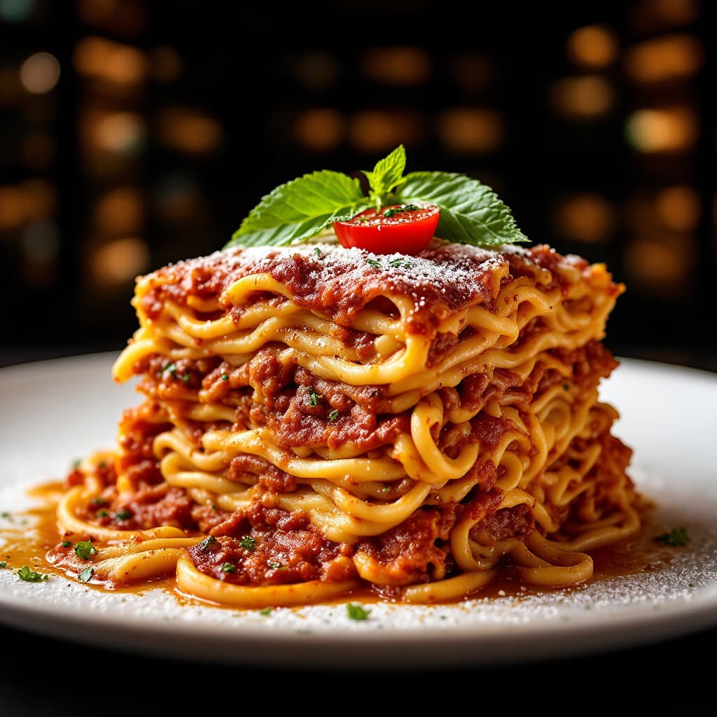 AI generated: 
Capture a delicious LASAGNA 
in close-up, exuding tempting appeal, at a 3 MICHELIN star restaurant....