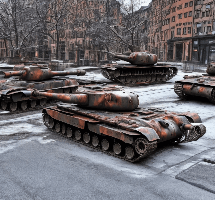 AI generated: a  lost  rusted camo  german  tank  is dead. It is lying on  the ground in the street in a  german c...