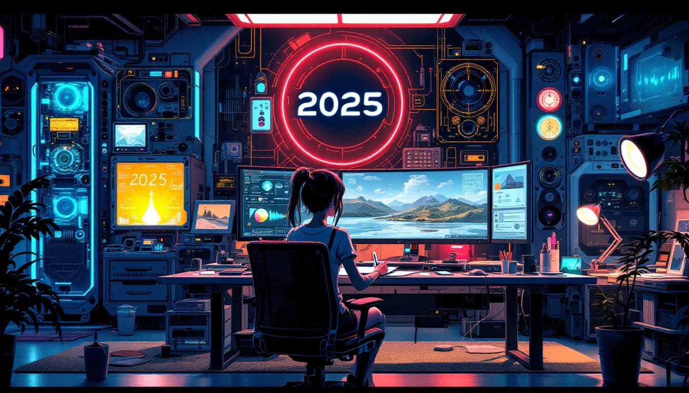 AI generated: Daytime room scene in 2025, an artist girl in a cyberpunk space, sitting at a computer desk holding ...