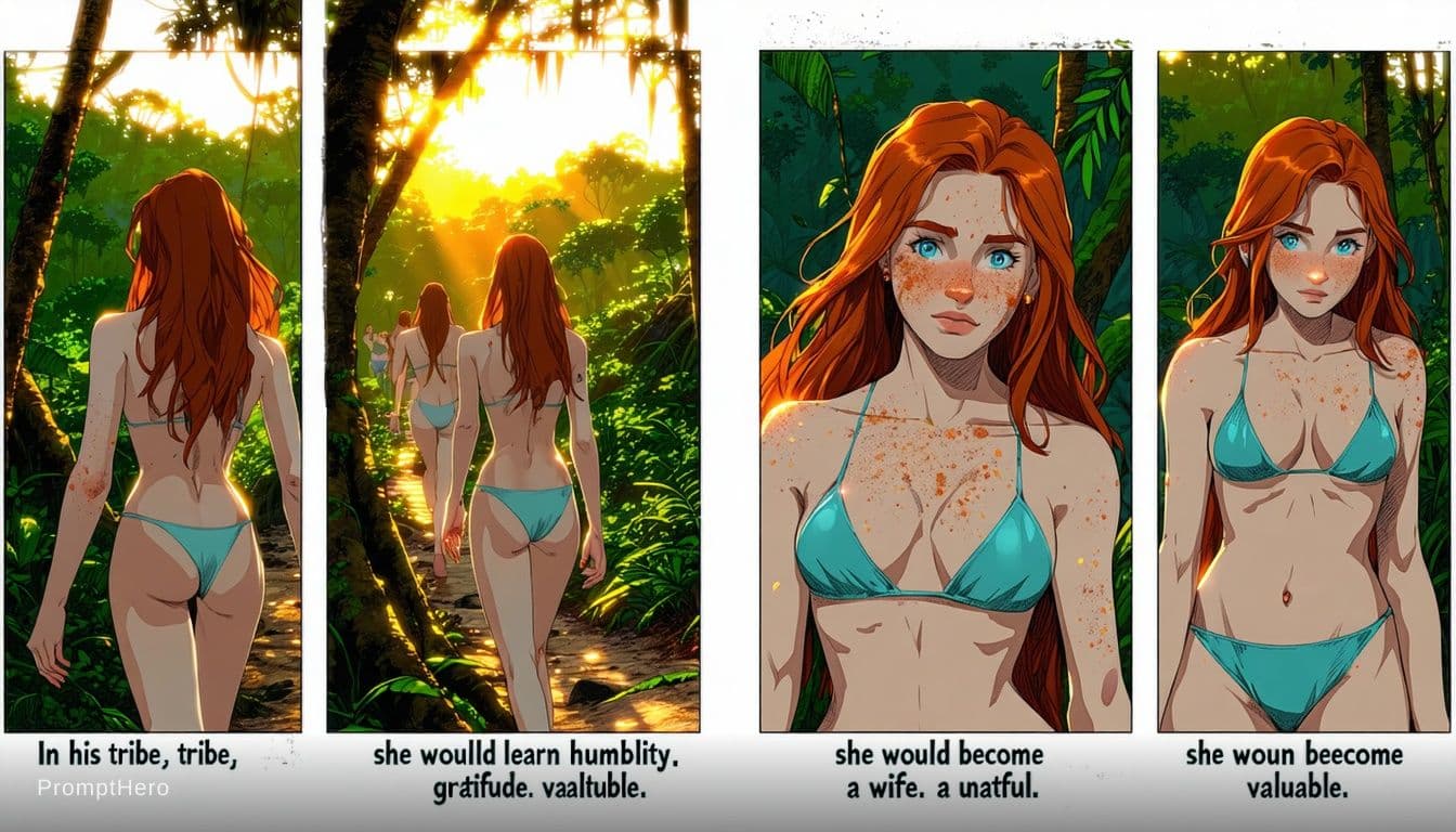 AI generated: A multi-image comic with a caption that says "In his tribe, she would learn humility. She would lear...