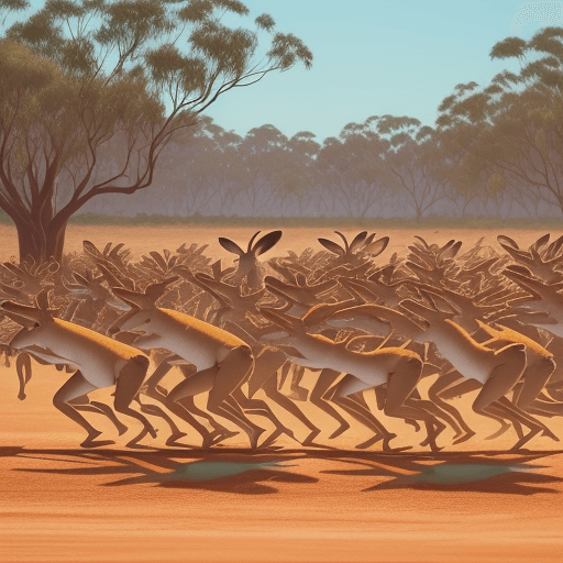 AI generated: Create a funny scene with a person looking bewildered while a bunch of cartoon kangaroos run amok ar...
