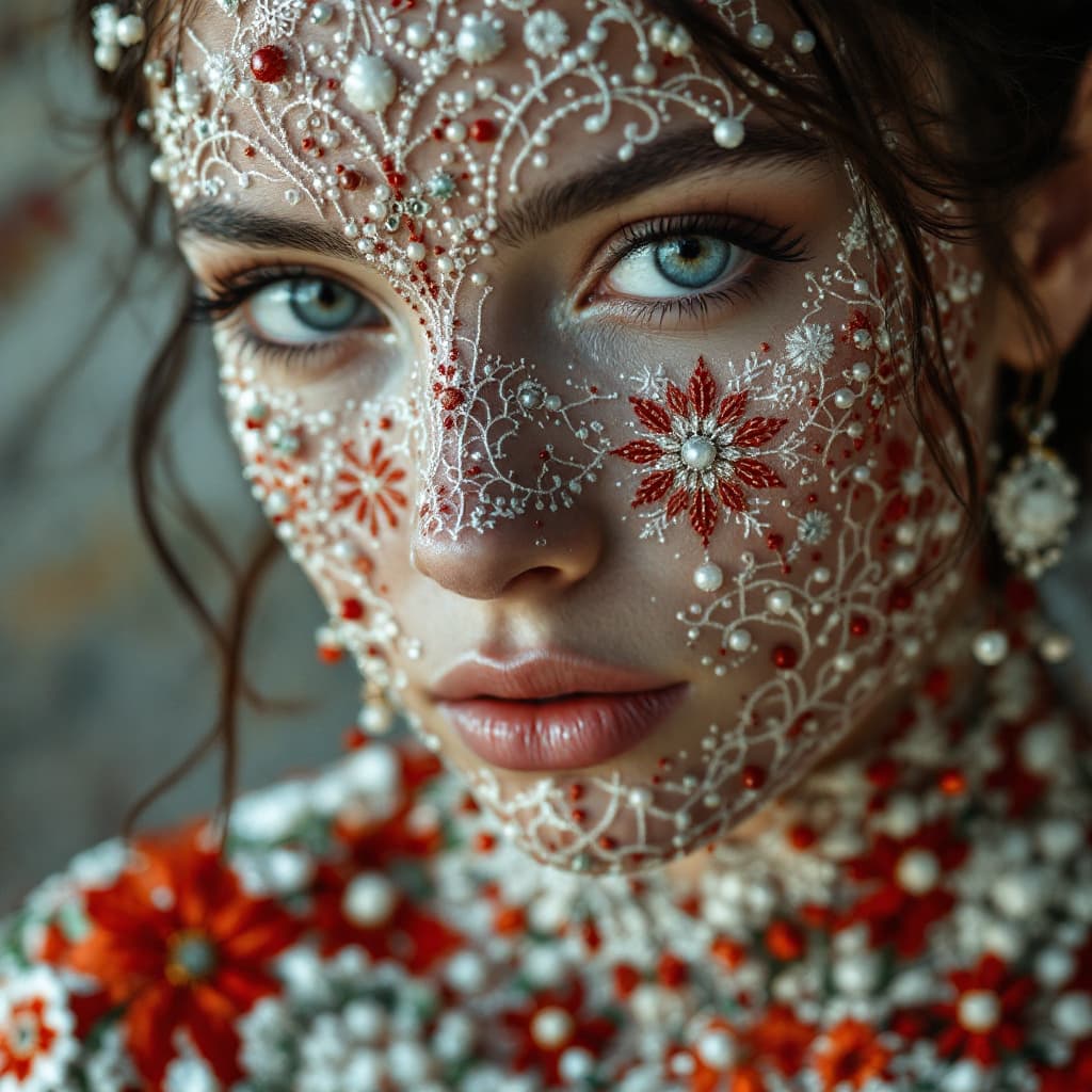 AI generated: the whole face, shoulders and chest are pierced with openwork threads in the style of Rusia national...