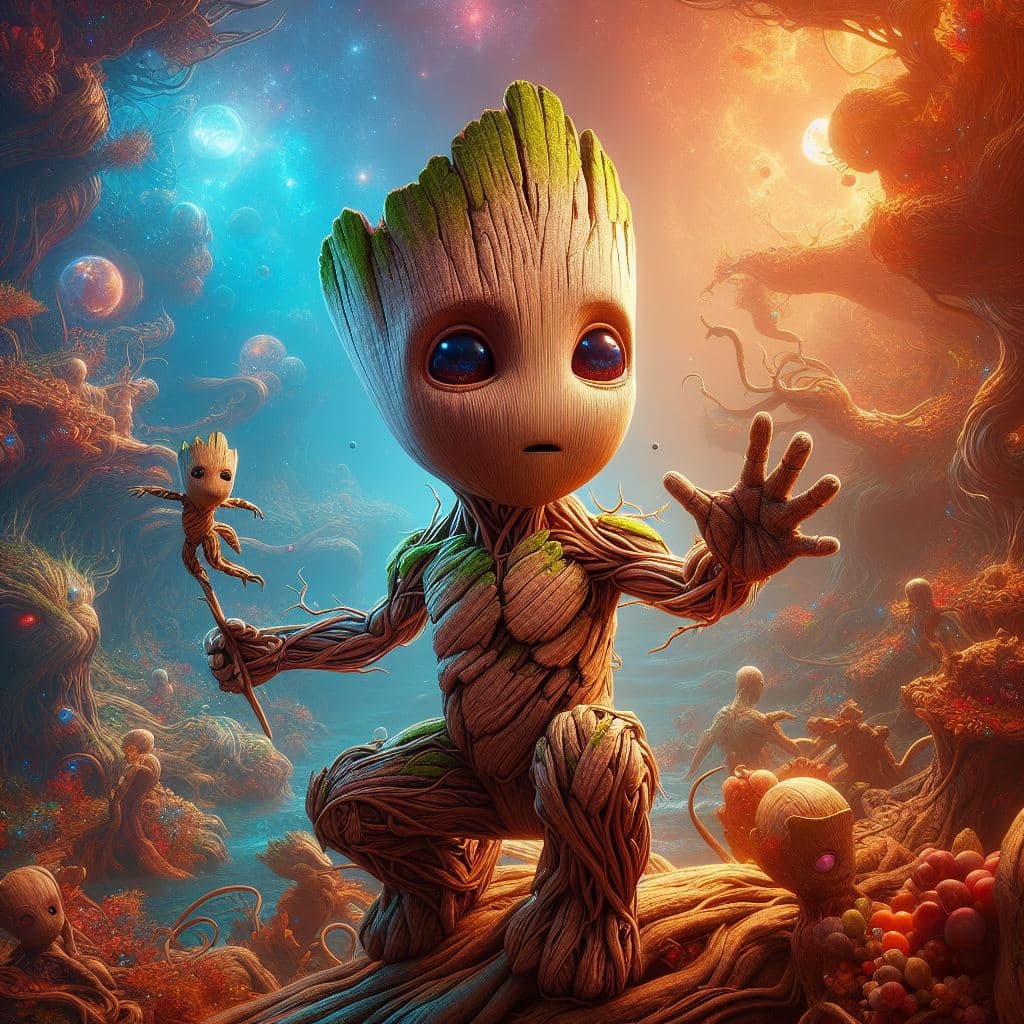 AI generated: Baby Groot of Marvel, drawn in a unique art style, masterpiece, 8K, octane rendering, ray-tracing