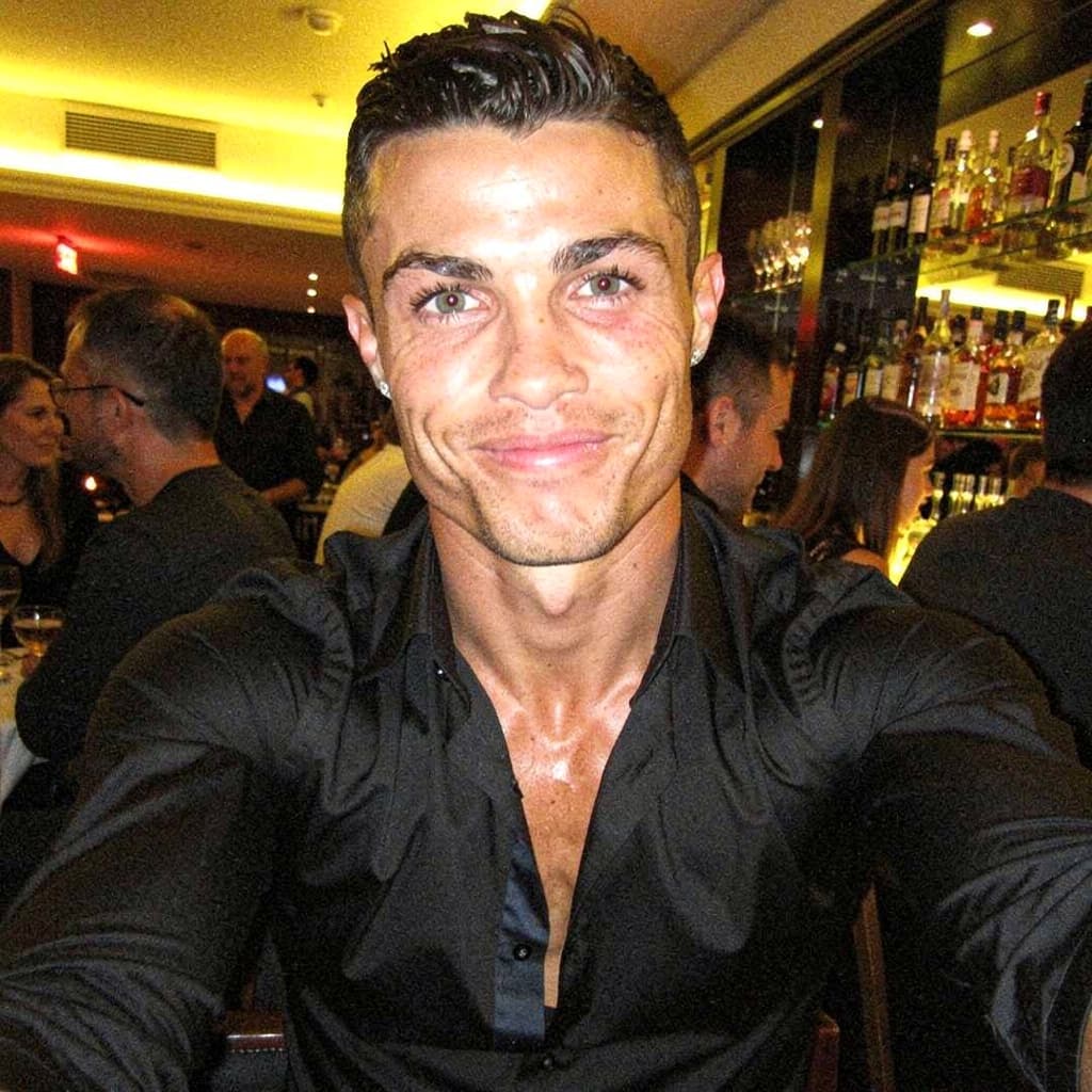 AI generated: Cristiano Ronaldo, drunk,  posing, handsome, selfie, low quality