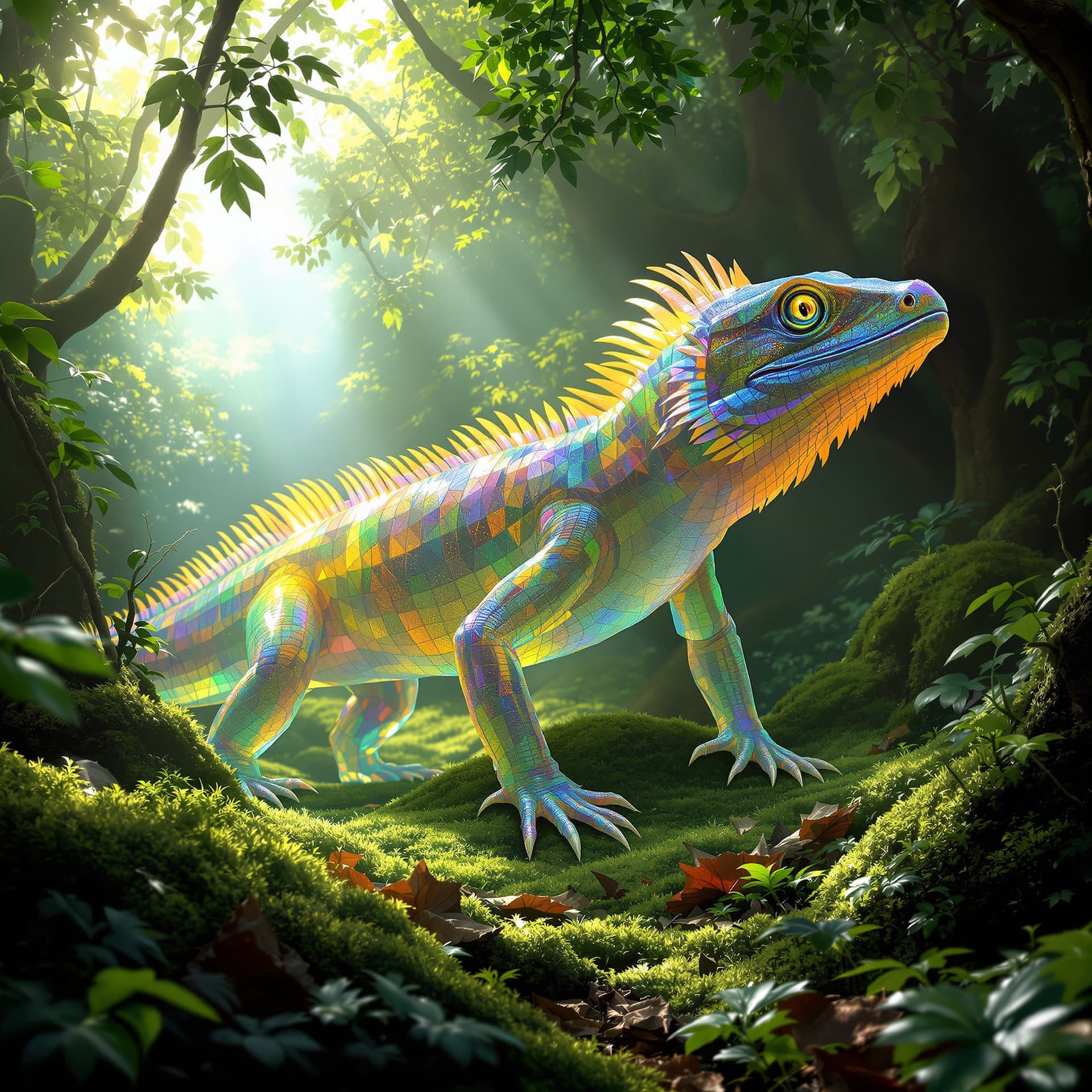 AI generated: A hyper-realistic, highly detailed image of a transparent, iridescent Komodo dragon gliding graceful...