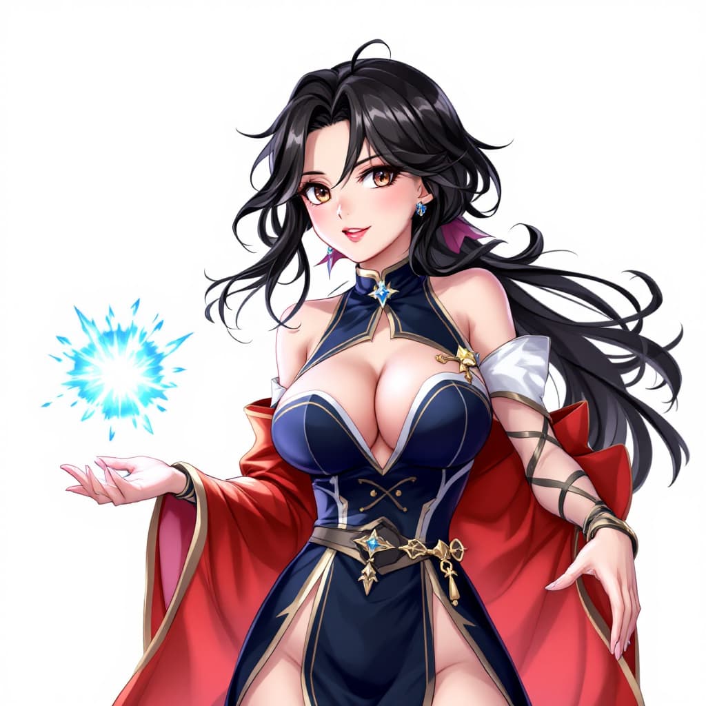 AI generated: game character, sorcerer, black wavy hear, beautiful girl, revealing uniform, throwing light ball
