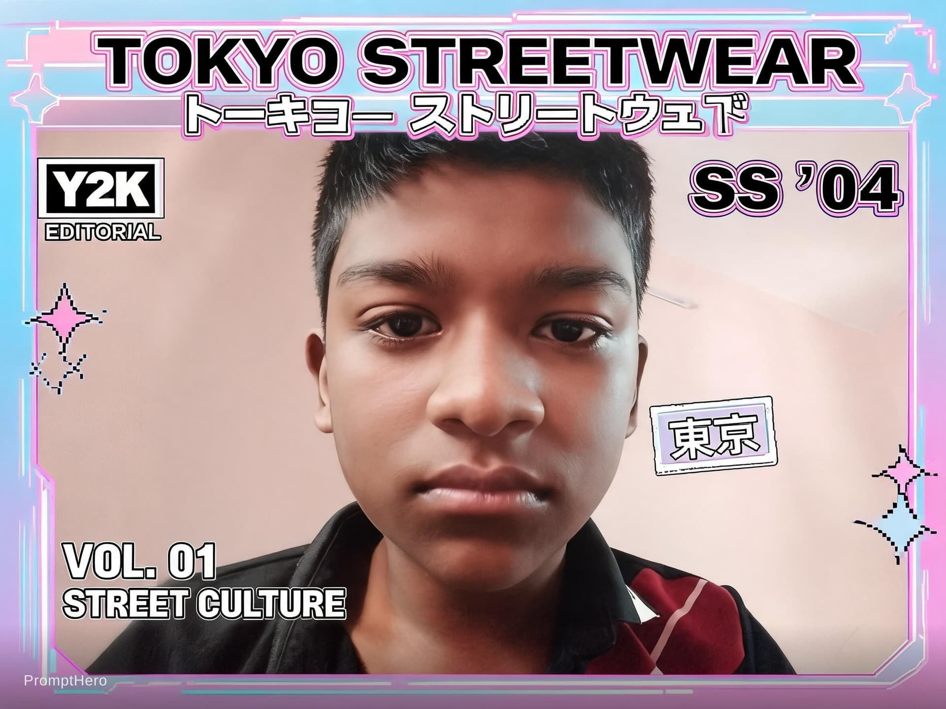 AI generated: Buat poster kolase editorial streetwear Jepang bergaya Y2K yang bold dengan estetika majalah fashion...