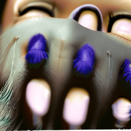 AI generated: A woman with blue skin, black facemask, long black hair, purple iris, black eyebrows, dark purple ba...
