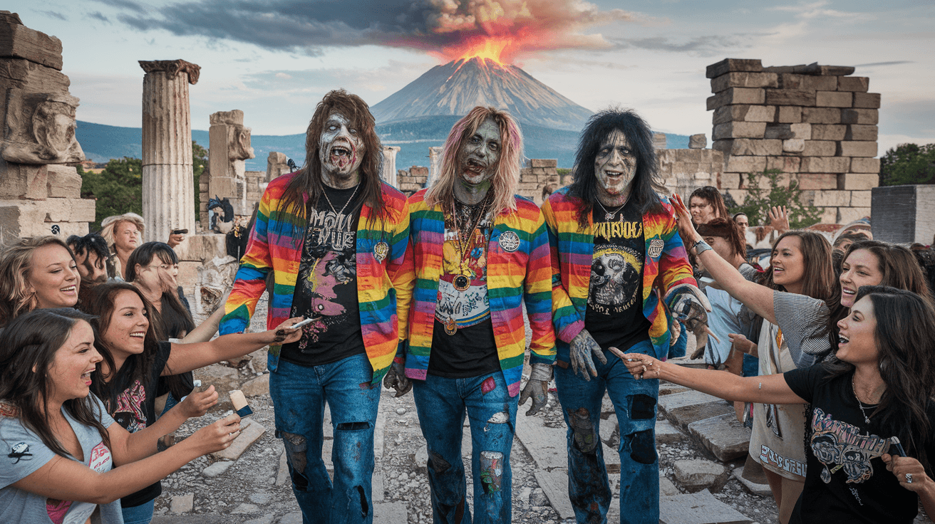 AI generated: 64K, UHD Photorealistic Horror Photo of the heavy metal band Motley Crue as zombies wearing rainbow ...