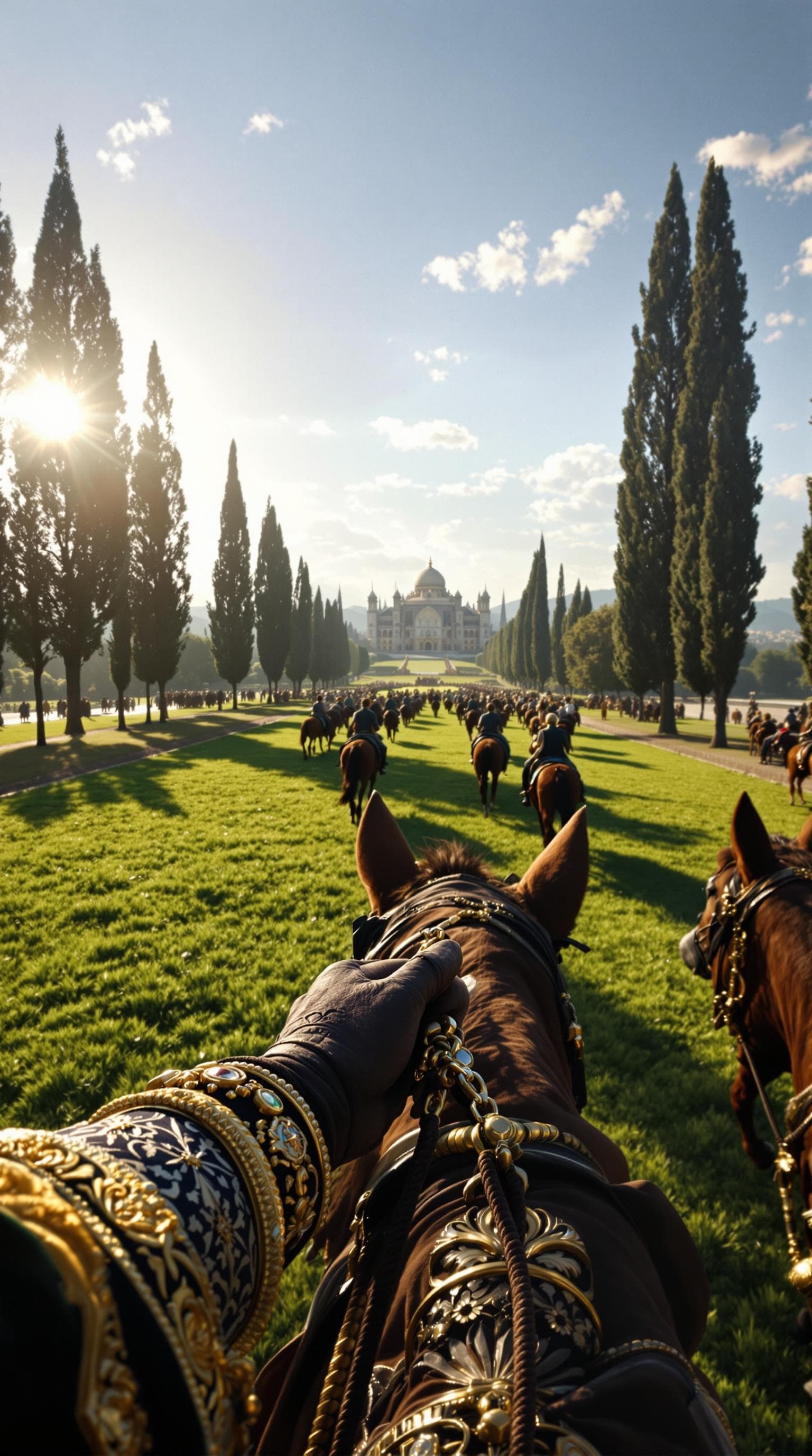 AI generated: First person POV, the Sultan’s hands grip the reins of his majestic horse, adorned with intricate Ot...
