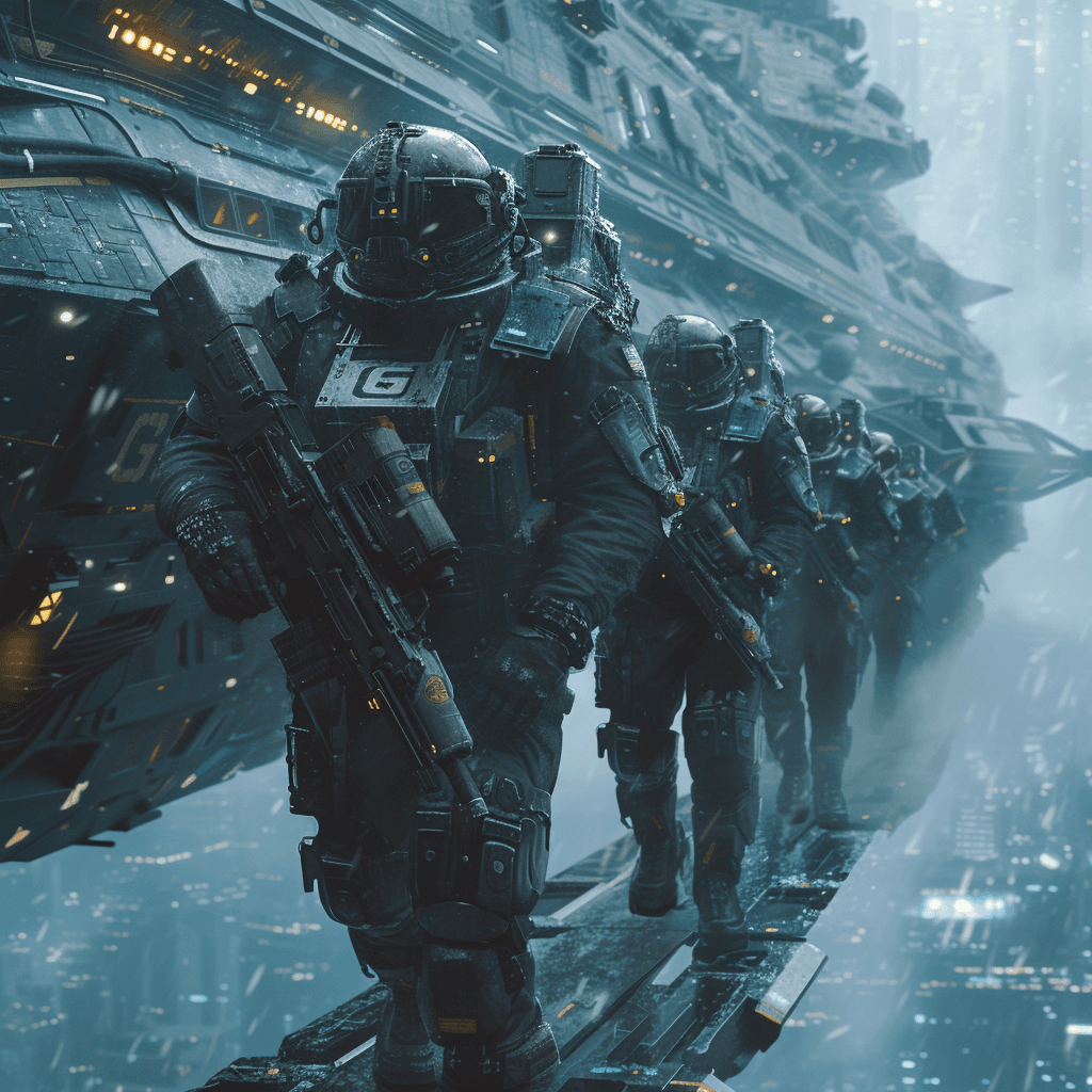 AI generated: in space, futuristic epic sci-fi, wide angle,  men and women soldiers space marines with machine gun...
