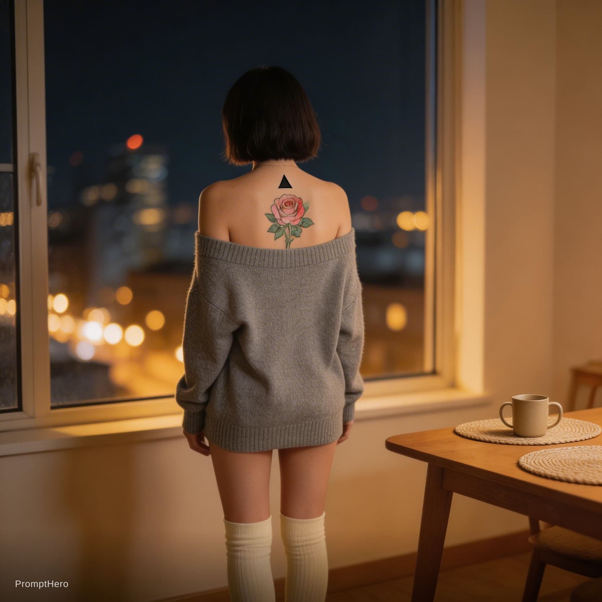 AI generated: A cozy, intimate evening apartment scene. A woman with a short dark bob haircut stands with her back...