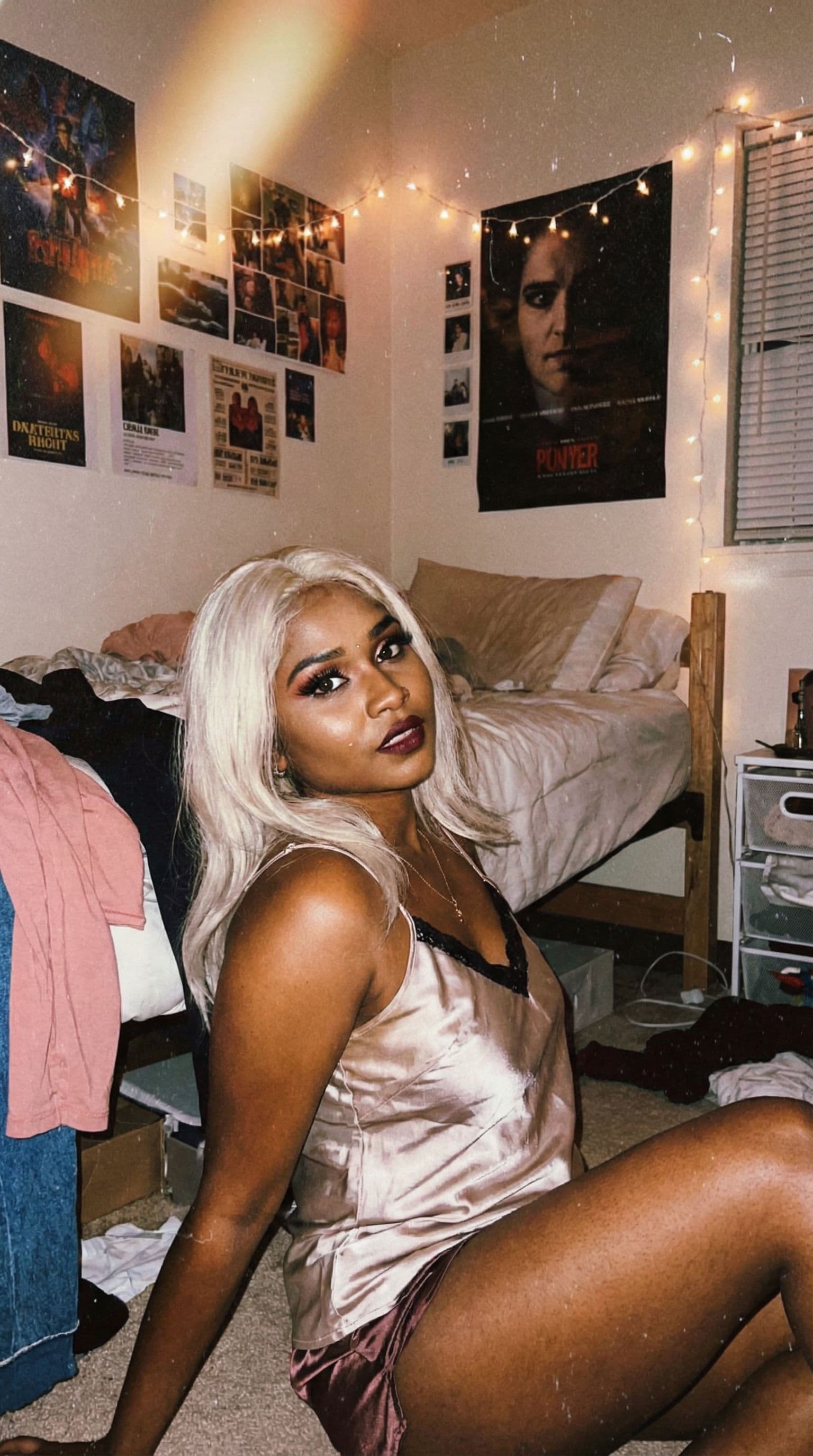AI generated: A bold retro photograph of a curvy young female with platinum blonde hair and dramatic makeup. She w...