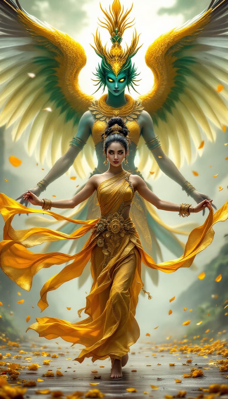 AI generated: An ultra-realistic, wide angle, front facing, full-body portrait of a mesmerizing Dancer in golden t...