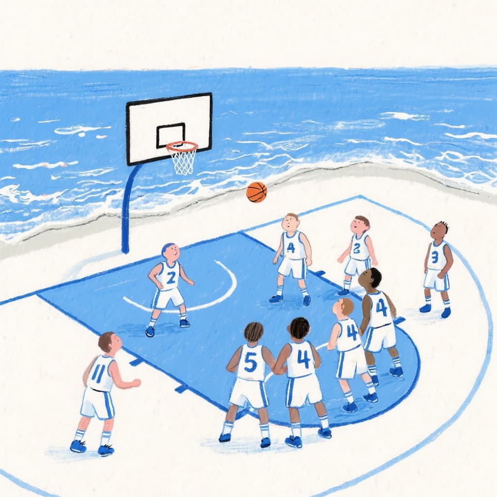 AI generated: In the style of illustrator Quentin Blake, a basketball team with white and blue player gear playing...