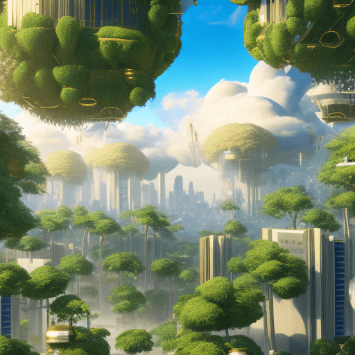 AI generated:  golden and white luxurious cyber jungle city + sharp details +on clouds + synnyaccents + flying car...