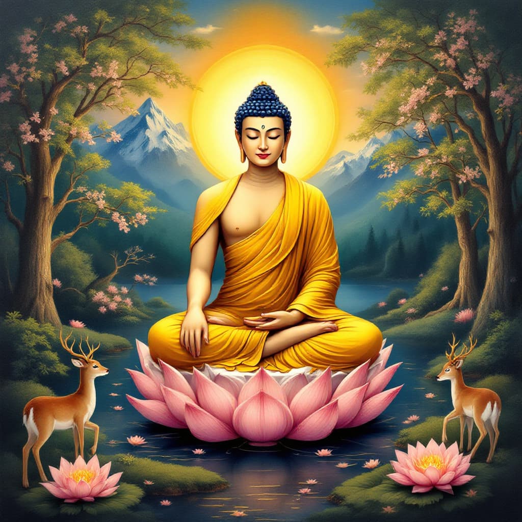 AI generated: A divine depiction of Lord Buddha seated cross-legged on a lotus flower in a serene and vibrant sett...