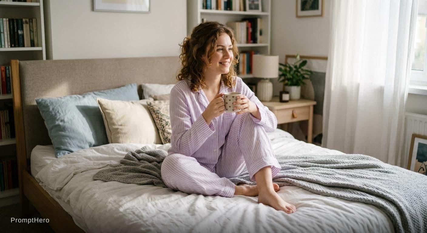 AI generated: cute woman wearing soft pajamas and barefoot sitting on bed
