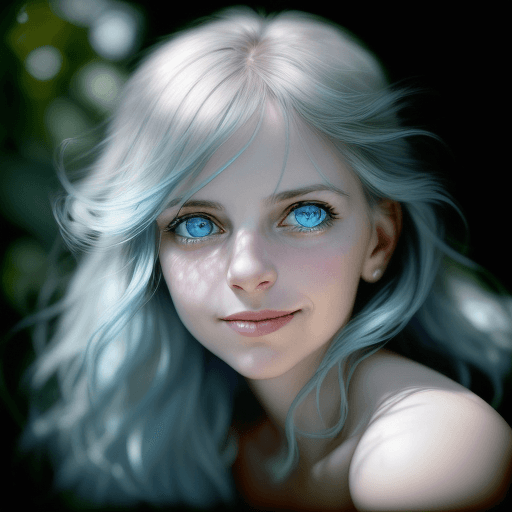 AI generated: colors, sharp light blue eyes, A soul-stirring close-up portrait of a woman, grins, her grace enhanc...