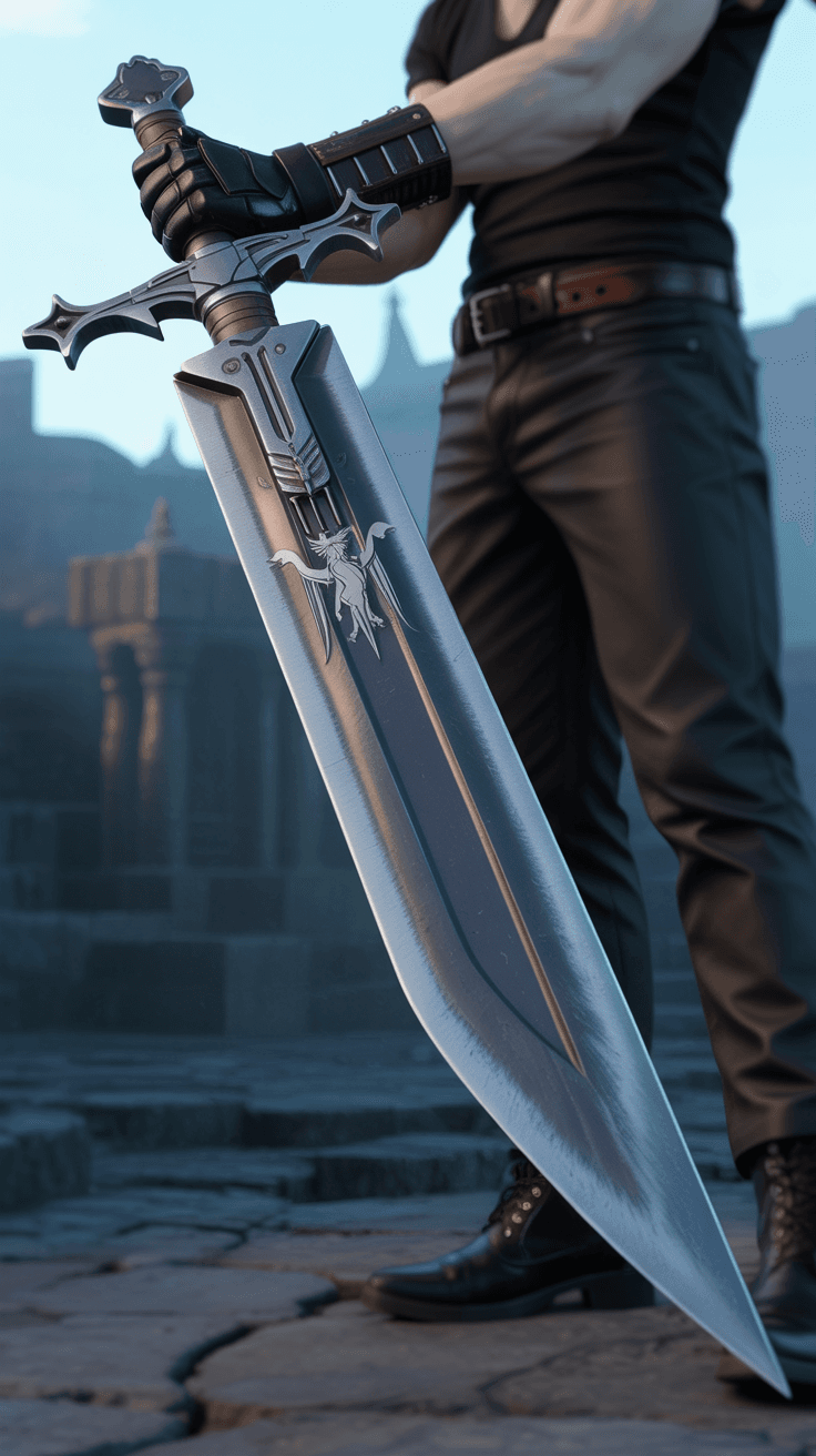 AI generated: Representación hiperrealista de la Gunblade de Squall Leonhart, el icónico arma de Final Fantasy VII...
