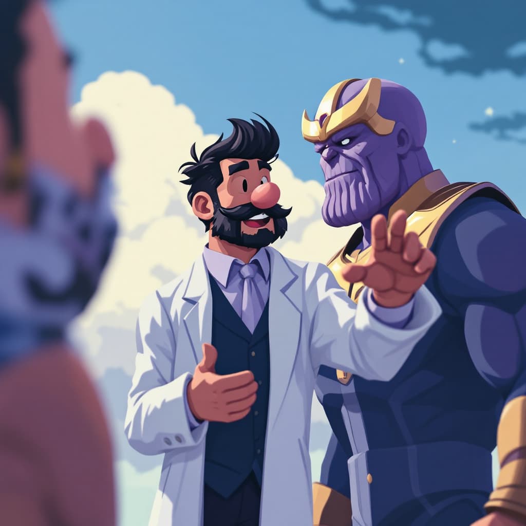 AI generated: Profesor de judo guapo con bigote pequeño saludando a Thanos de películas Marvel 