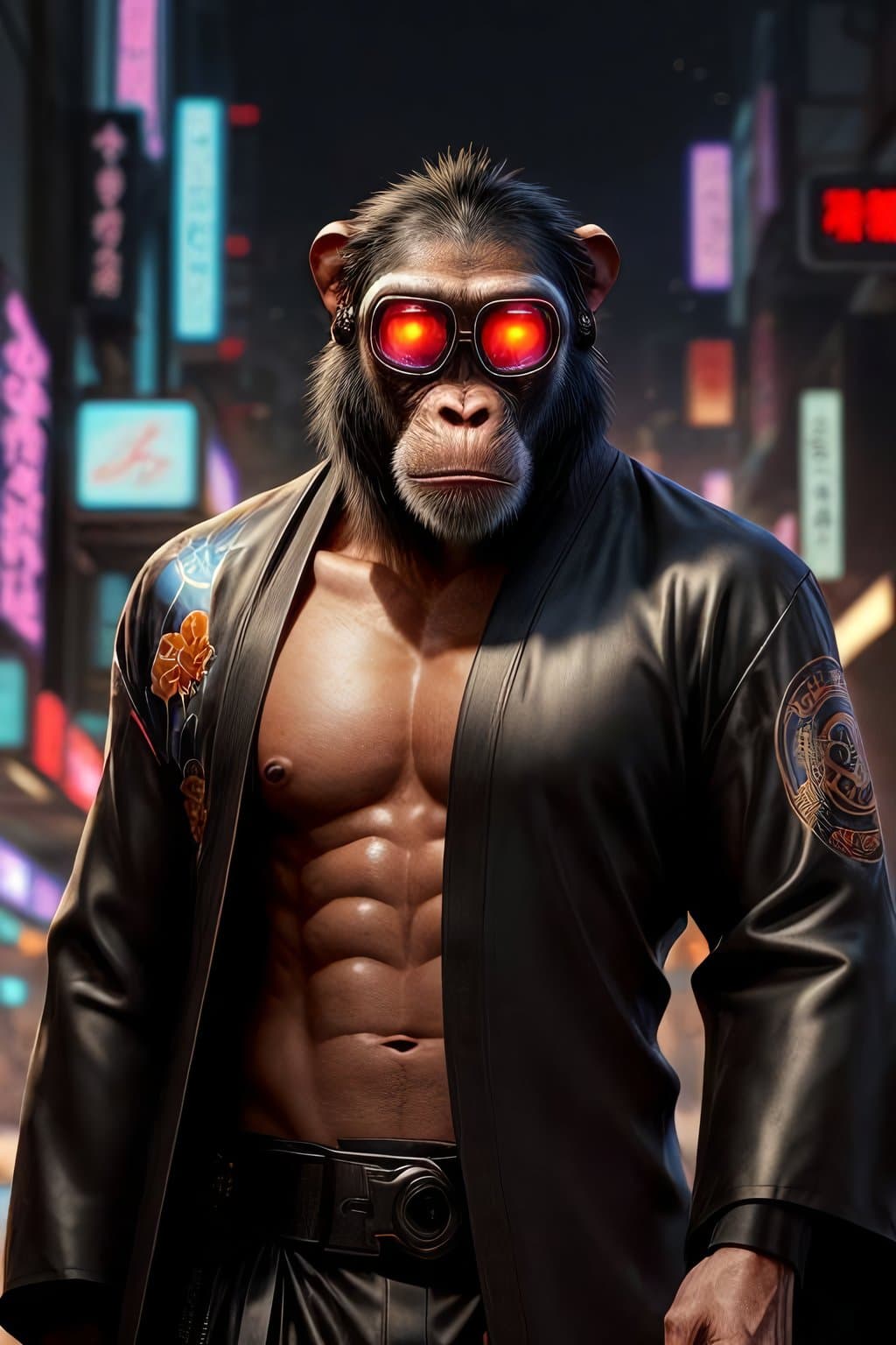 AI generated: a chimpanzee yakuza wearing futuristic scifi AR goggles and zen robes, hyper-realistic masterpiece, ...