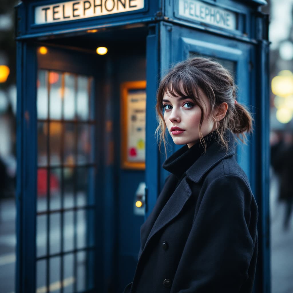 AI generated: Dr.WHO ,Jodie Auckland Whittaker,pertty young female,she is 30year old, she is stand next totelephon...