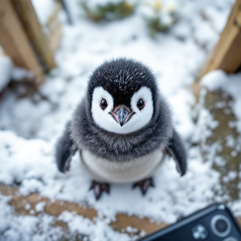 AI generated: An adorable baby emperor penguin with a round, fluffy body covered in thick dark gray feathers. Its ...