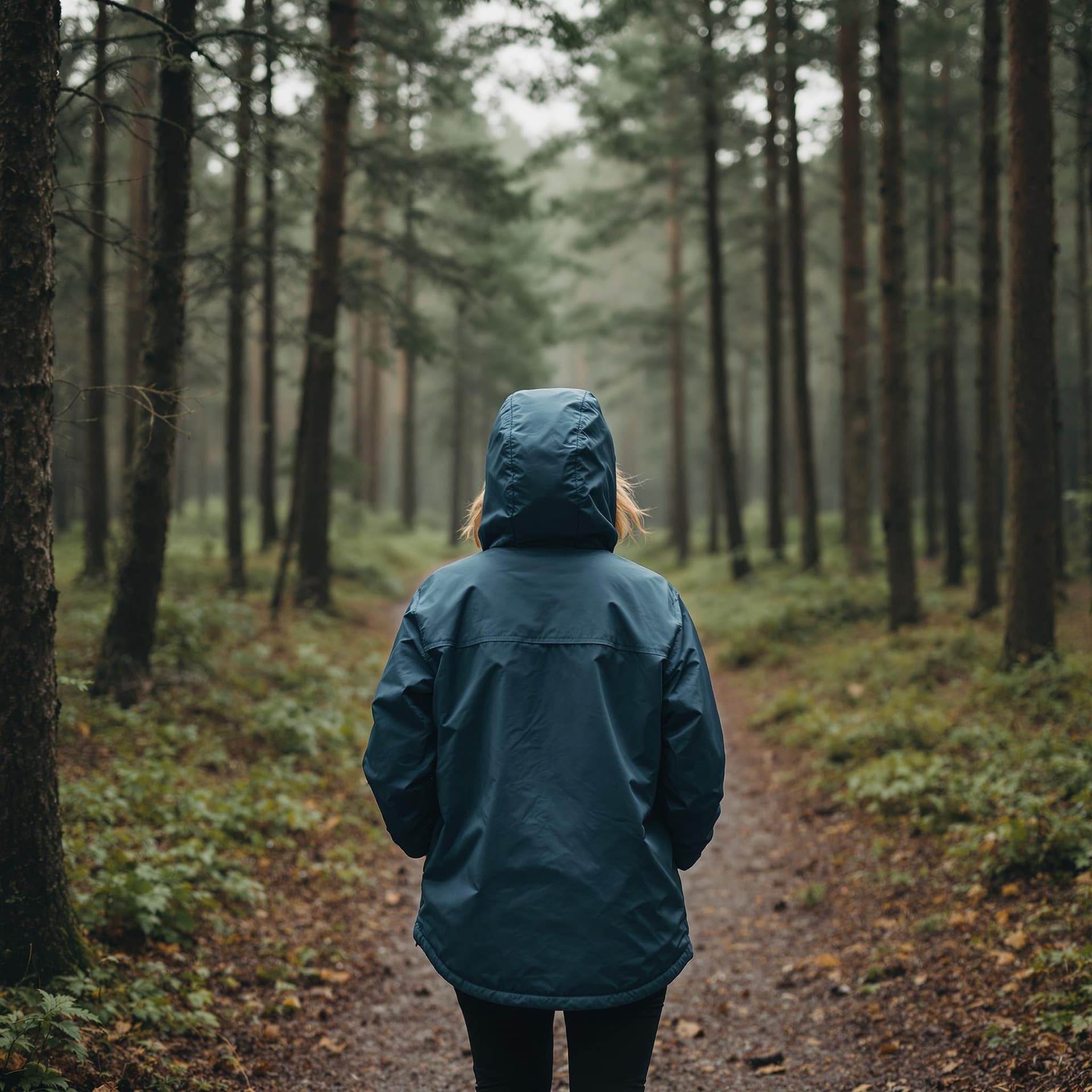 AI generated: realistic photograph of a woman standing in a forest far away, at a distance, covered in waterproof ...