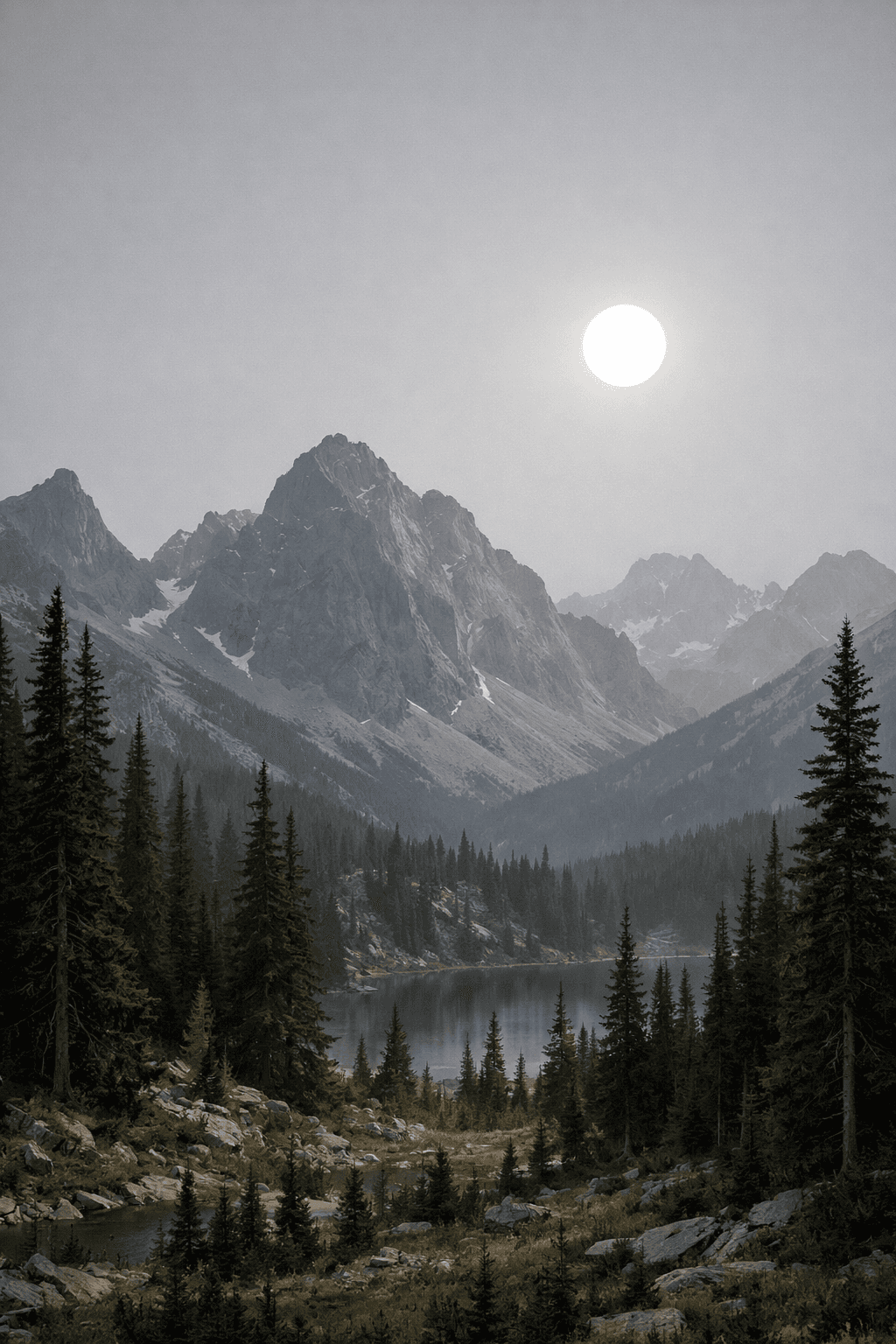 AI generated: a scenic landscape with tall mountains and trees but the sky has a more grey color  with no clouds a...