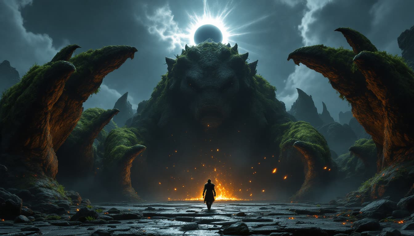 AI generated: rock guaiterist player. Between the  Stone Beast
The shot is framed between the massive, moss-covere...