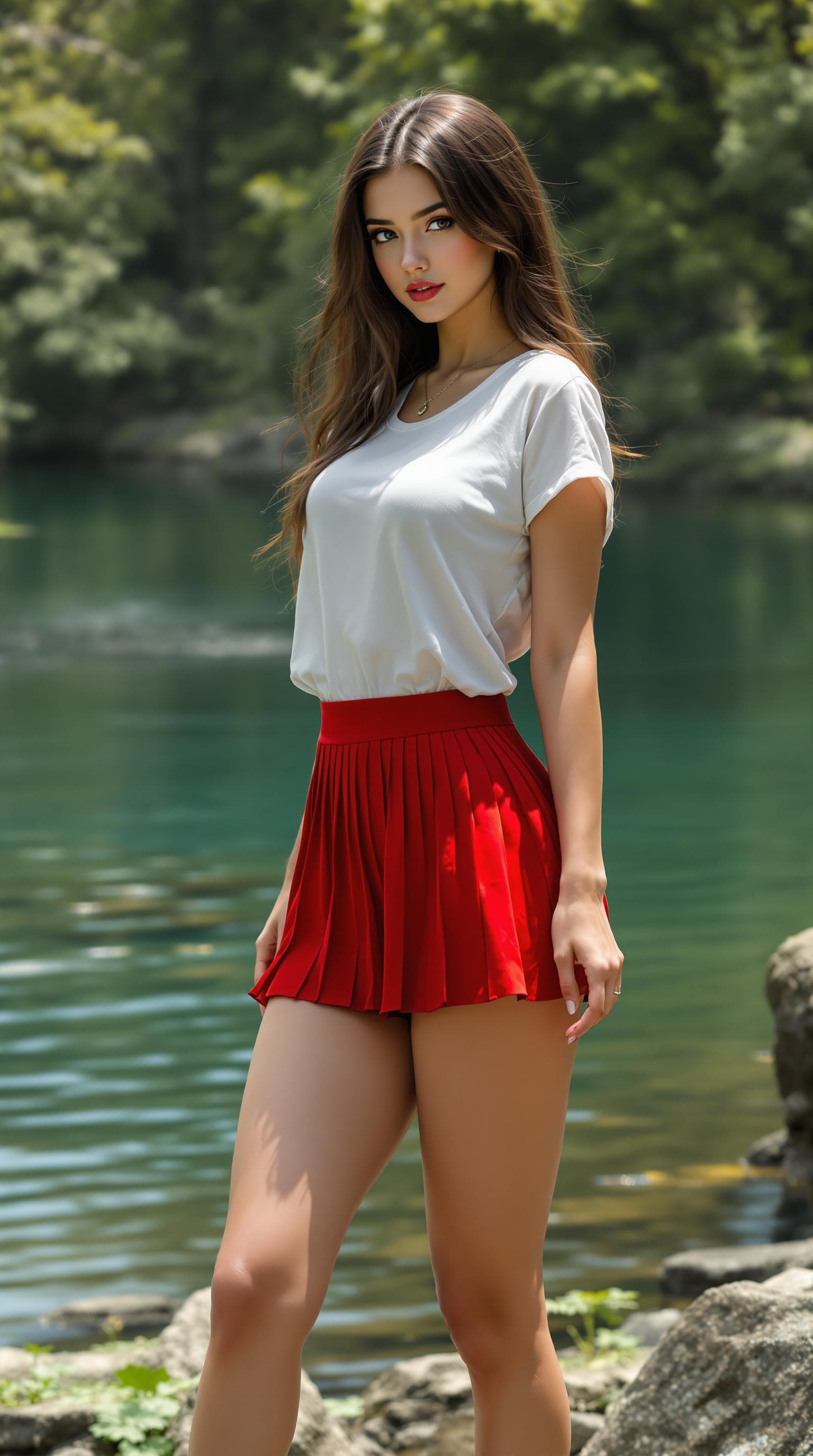 AI generated: beautiful photorealism, a girl, perfect anatomy, wearing a white short sleeves shirt, red pleated mi...