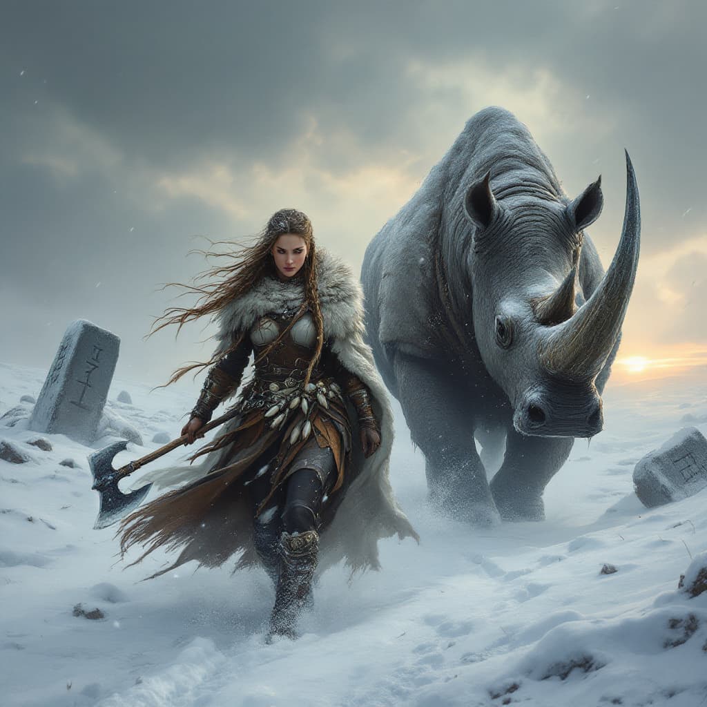 AI generated: Create a bold, cinematic oil painting masterpiece of a Norwegian warrior woman striding through a bl...