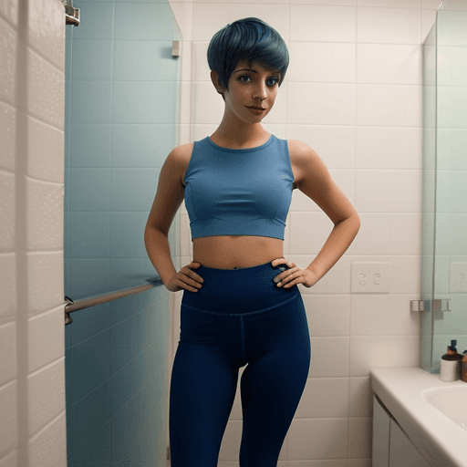 AI generated: attractive college girl wearing a crop top and tight leggings standing in the bathroom. She has a pi...