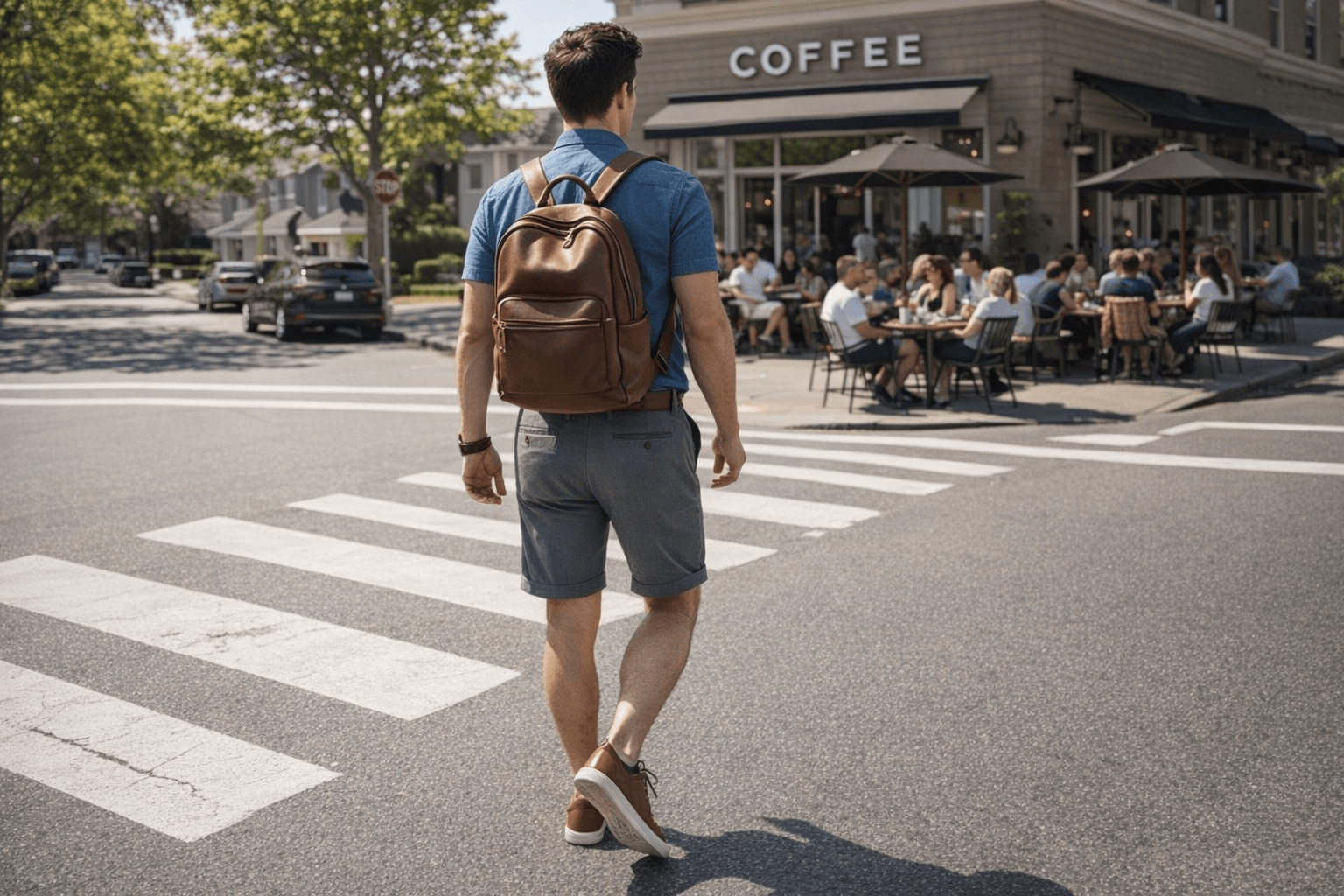 AI generated: In a sunny morning at a nice neighborhood. The model is crossing the street towards a large coffee s...