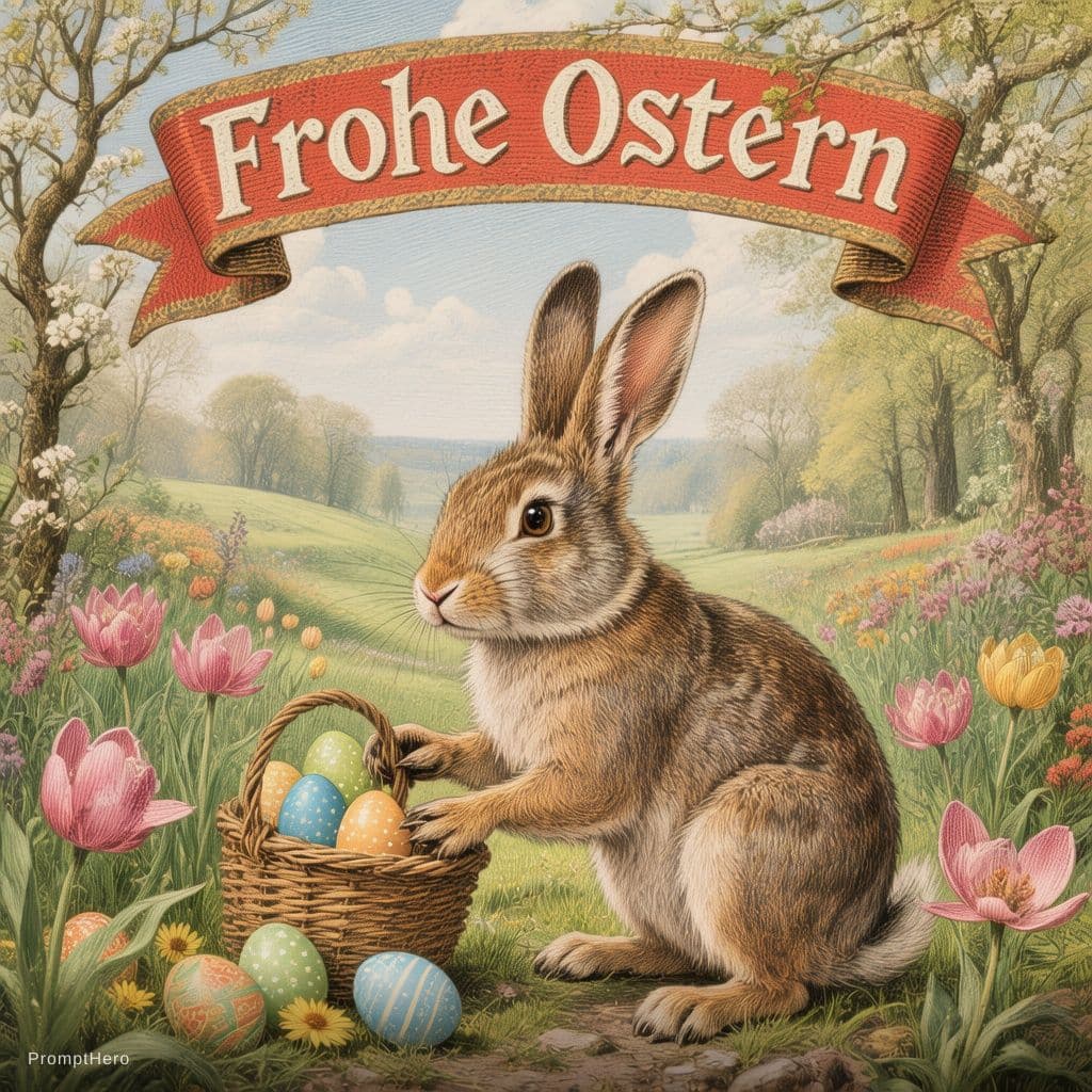 AI generated: Easter hare placing easter eggs in a springtime garden, below a banner with “Frohe Ostern”, classic ...